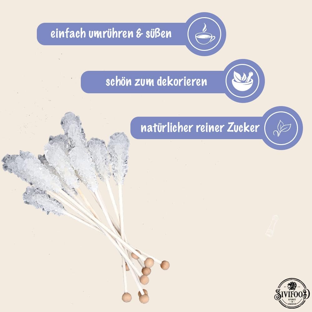 SIVIFOOD White Rock Candy Sticks Natural Pack de 25 - Bonbons de roche blanche naturelle sur un bâton pour le thé, sucre sur un bâton, bâtonnets de bonbons pour décoration, sucre cristal de Noël