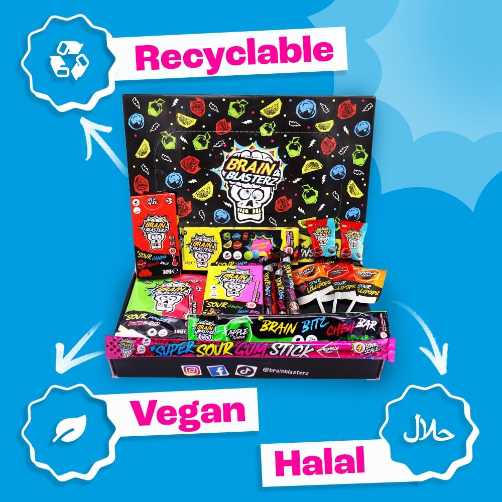 Brain Blasterz Boîte à friandises Super Sour Sweet – Hard Candy, Brain Breakerz, Candy Spray, Sour Powder Dipper et plus encore | Fraise, pastèque, baies et plus encore