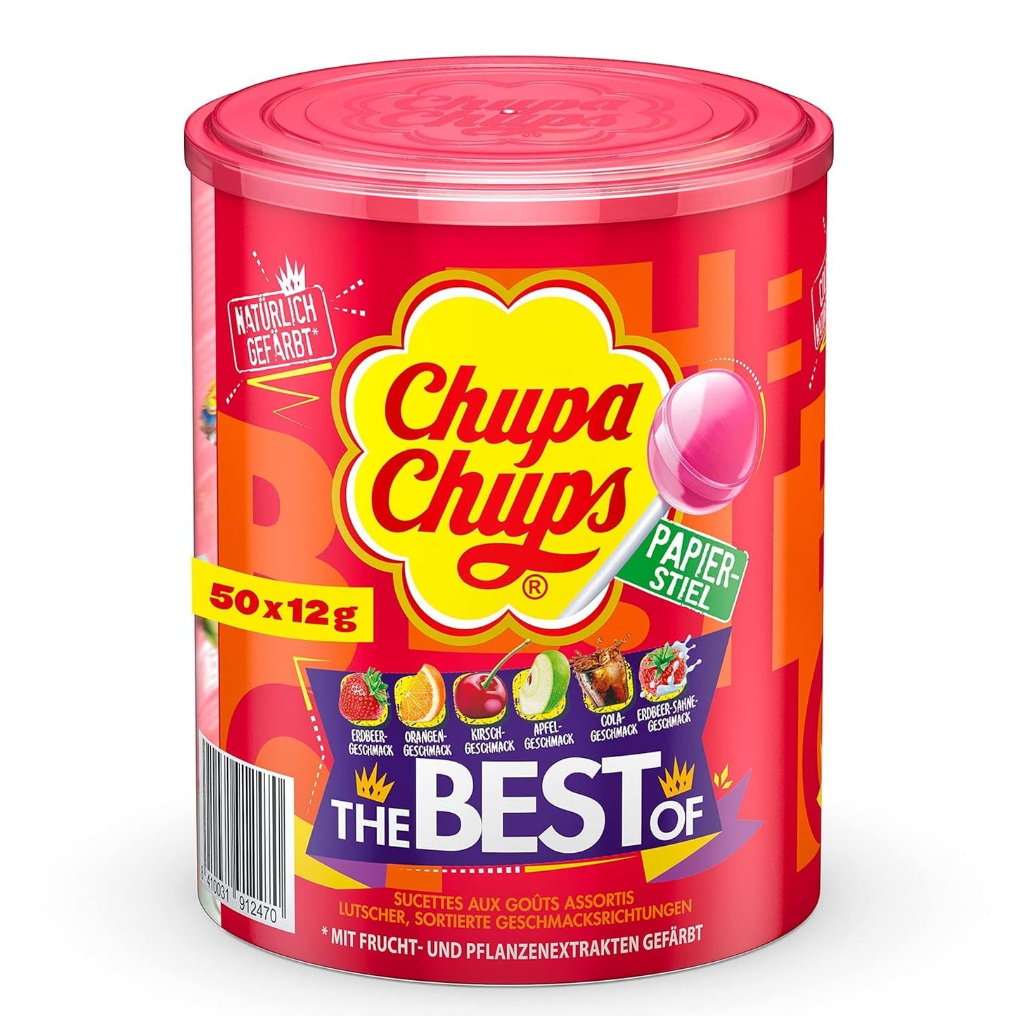 Chupa Chups - Tubo de 100 Sucettes - Parfums Choco/Vanille, Lait/Fraise, Caramel - 0 Pour cent de Matières Grasses - Idéal pour Fêtes d'Anniversaires - Boite Milky de 1,2 Kg