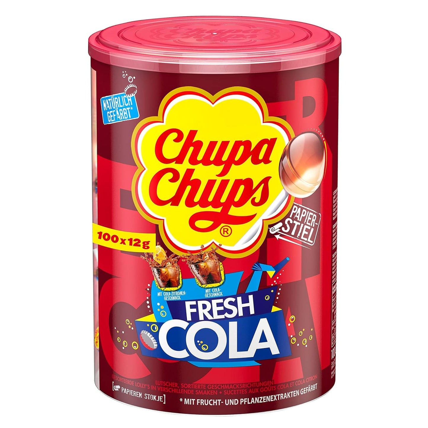 Chupa Chups - Tubo de 100 Sucettes - Parfums Choco/Vanille, Lait/Fraise, Caramel - 0 Pour cent de Matières Grasses - Idéal pour Fêtes d'Anniversaires - Boite Milky de 1,2 Kg