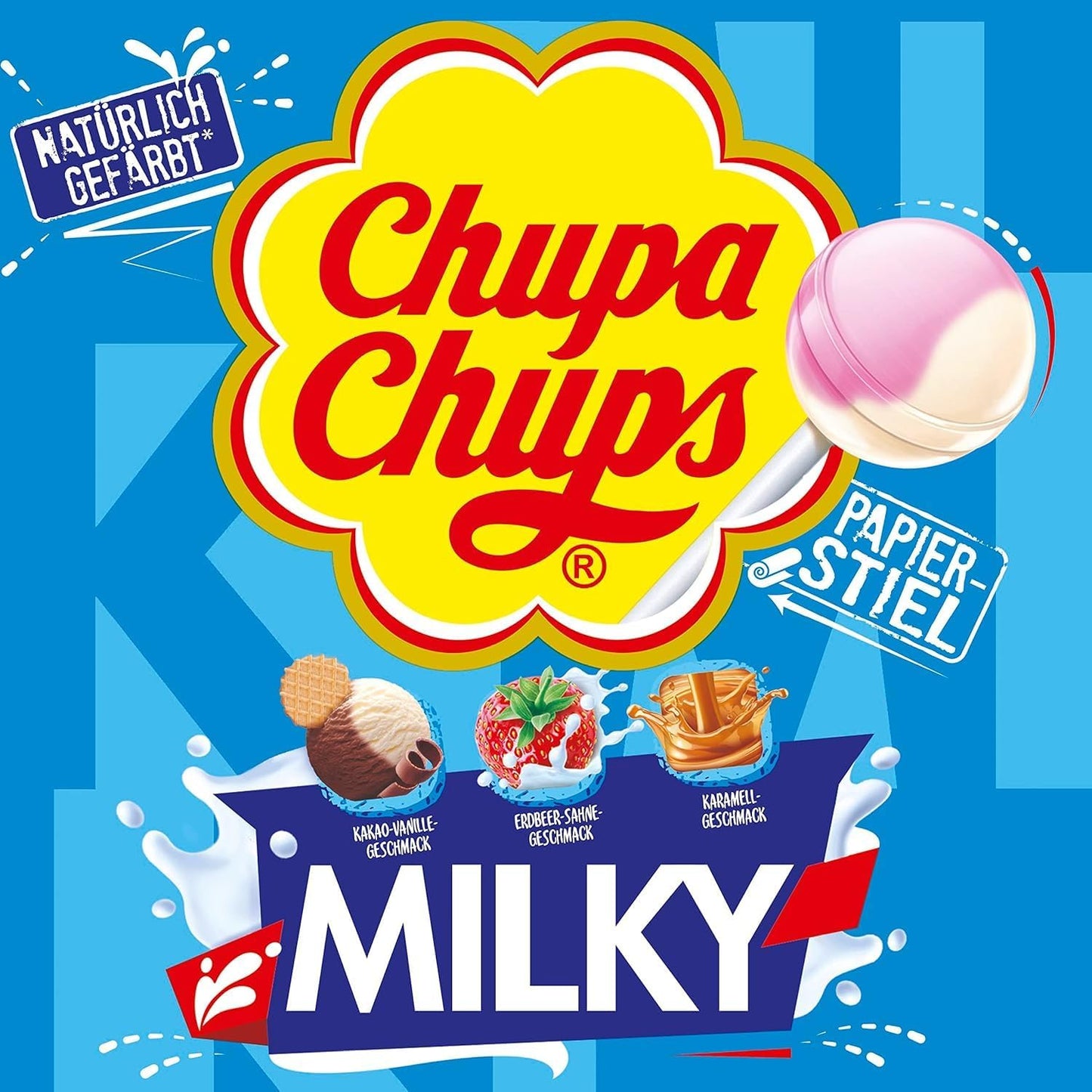 Chupa Chups - Tubo de 100 Sucettes - Parfums Choco/Vanille, Lait/Fraise, Caramel - 0 Pour cent de Matières Grasses - Idéal pour Fêtes d'Anniversaires - Boite Milky de 1,2 Kg