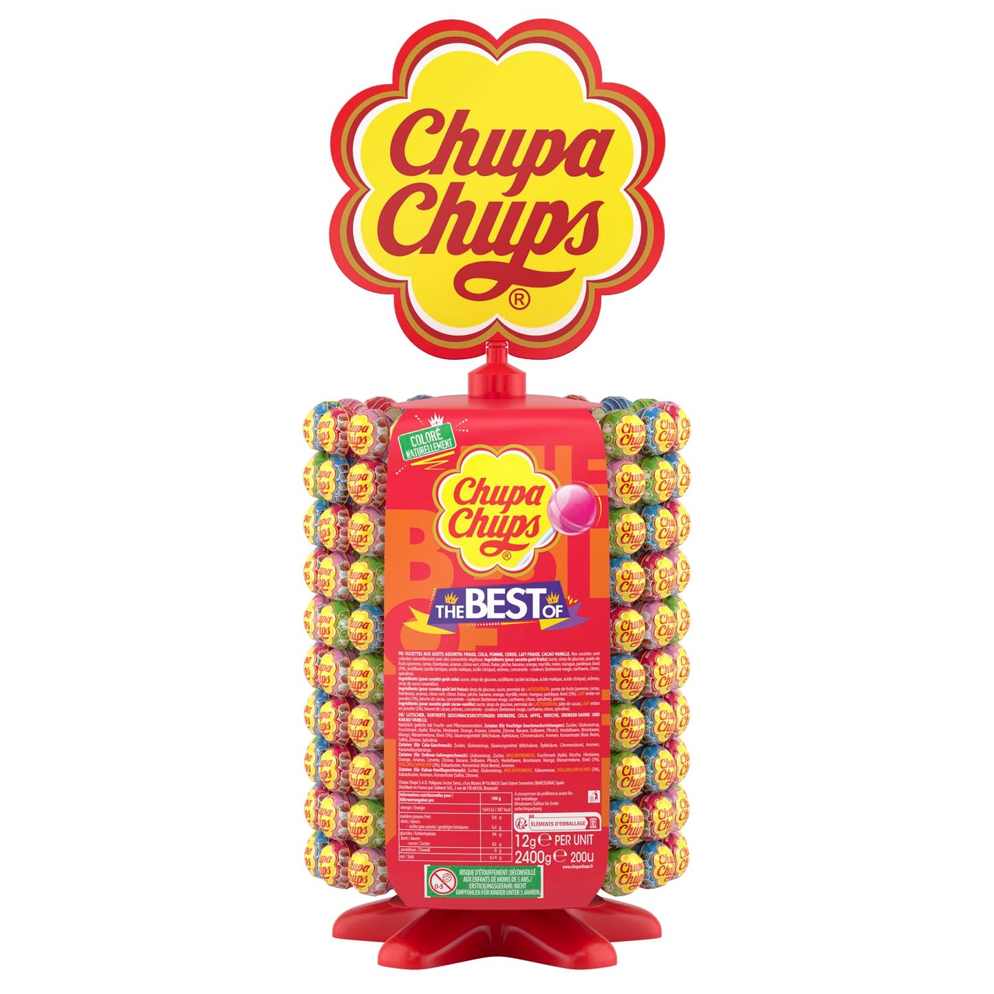 Chupa Chups - Tubo de 100 Sucettes - Parfums Choco/Vanille, Lait/Fraise, Caramel - 0 Pour cent de Matières Grasses - Idéal pour Fêtes d'Anniversaires - Boite Milky de 1,2 Kg