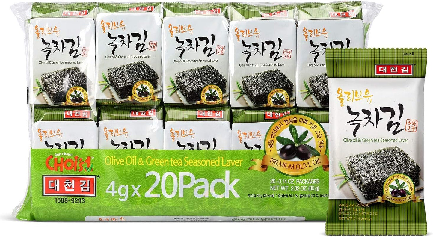 Daechun (Choi's1) Snack aux algues (lot de 20) Poudre de thé vert au sel de mer original Produit de Corée