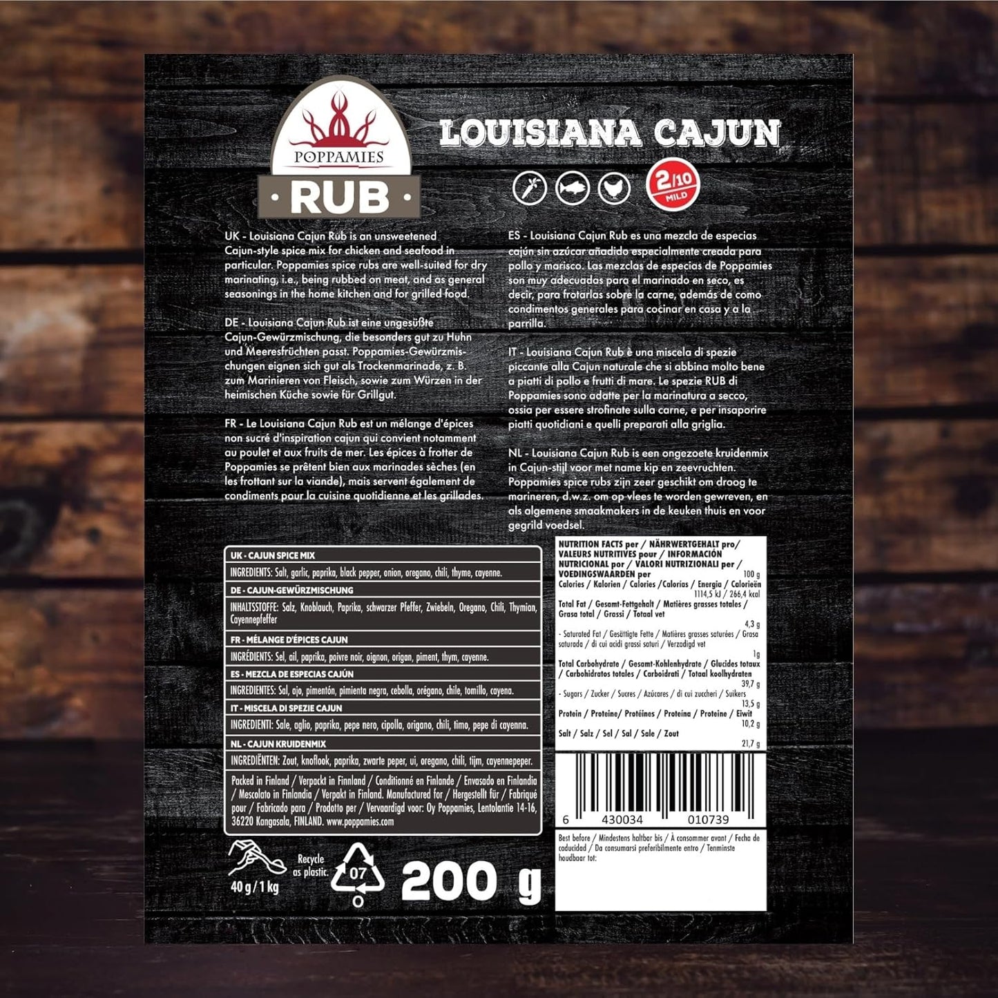 Poppamies Louisiana Cajun BBQ Rub - Assaisonnement BBQ 100% Naturel - Marinade Sèche & Épices. Particulièrement adapté pour le poulet et les fruits de mer - Idéal au Grill au Four -Grand Format (200g)