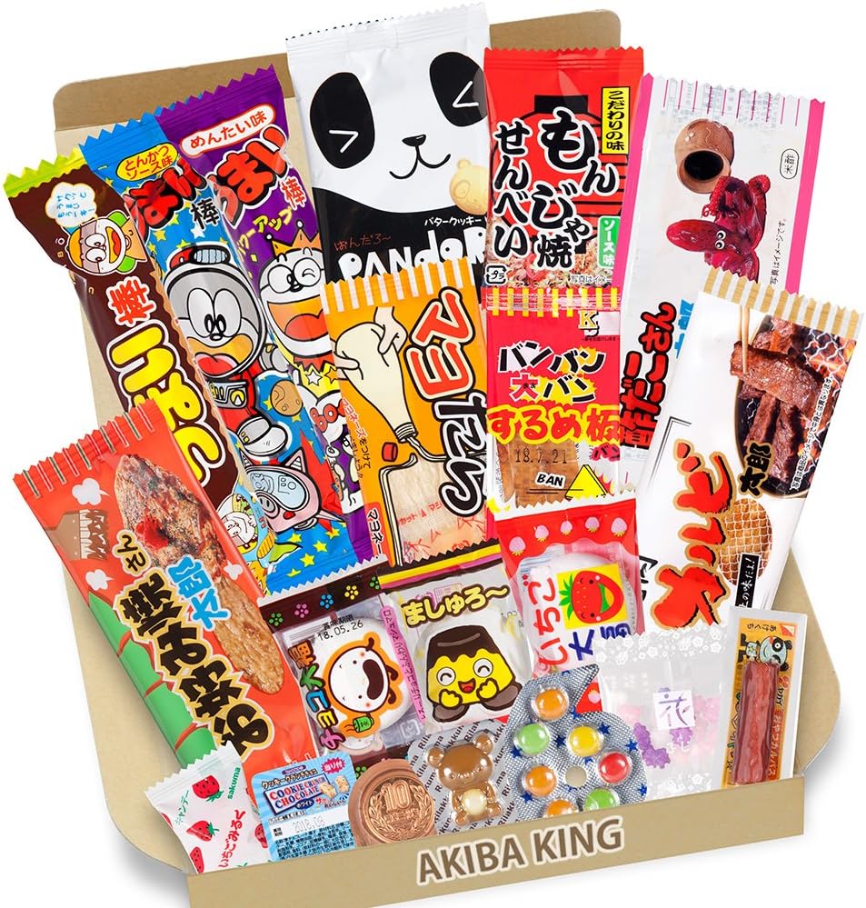 Trial Japonais Candy Dagashi Boîte 20 pcs Umaibo Snack Gumi pomme de terre Chip Kitty chocolat w / AKIBA KING Autocollant