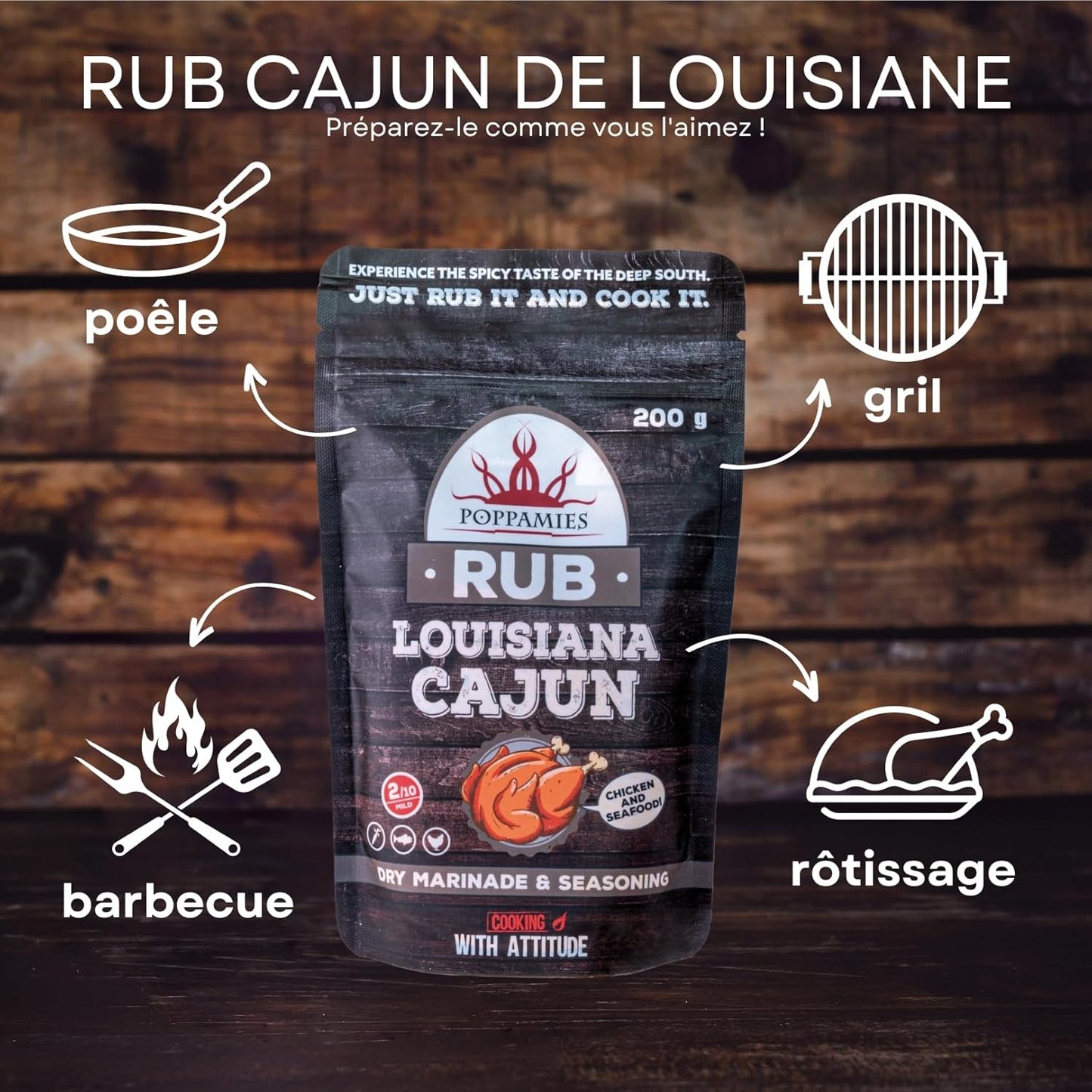Poppamies Louisiana Cajun BBQ Rub - Assaisonnement BBQ 100% Naturel - Marinade Sèche & Épices. Particulièrement adapté pour le poulet et les fruits de mer - Idéal au Grill au Four -Grand Format (200g)