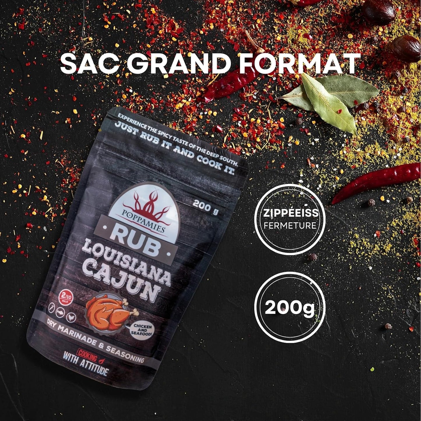 Poppamies Louisiana Cajun BBQ Rub - Assaisonnement BBQ 100% Naturel - Marinade Sèche & Épices. Particulièrement adapté pour le poulet et les fruits de mer - Idéal au Grill au Four -Grand Format (200g)