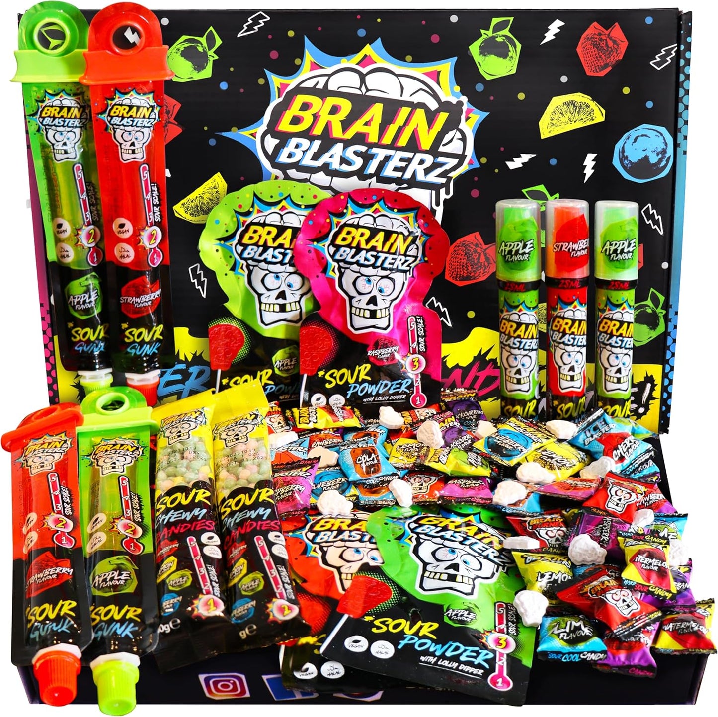 Brain Blasterz bonbons acidulés en gros – Bonbons à offrir – 27 pièces avec sucettes, bonbons à mâcher & bonbons qui piquent – Halal & Vegan – Pour Halloween, cadeau d’anniversaire & plus encore