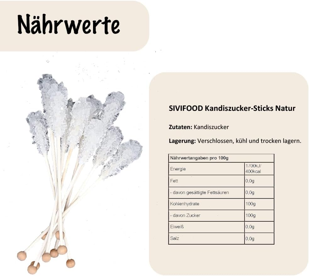 SIVIFOOD White Rock Candy Sticks Natural Pack de 25 - Bonbons de roche blanche naturelle sur un bâton pour le thé, sucre sur un bâton, bâtonnets de bonbons pour décoration, sucre cristal de Noël