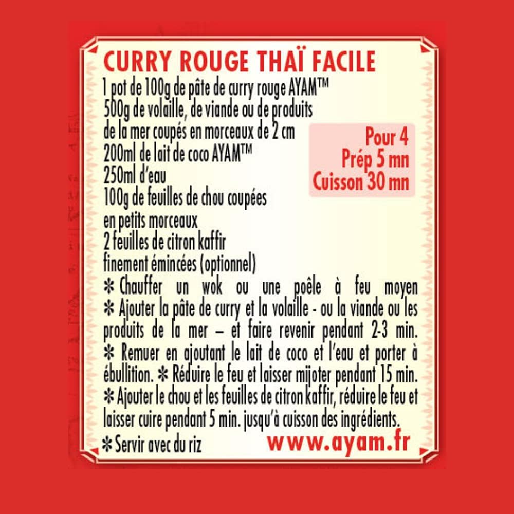 AYAM Pâte de Curry Rouge | 100% Ingrédients Naturels | Saveurs Authentiques | Facile à cuisiner | Thaï | Alimentation Saine | Sans Gluten, Lactose et Conservateurs - 100g