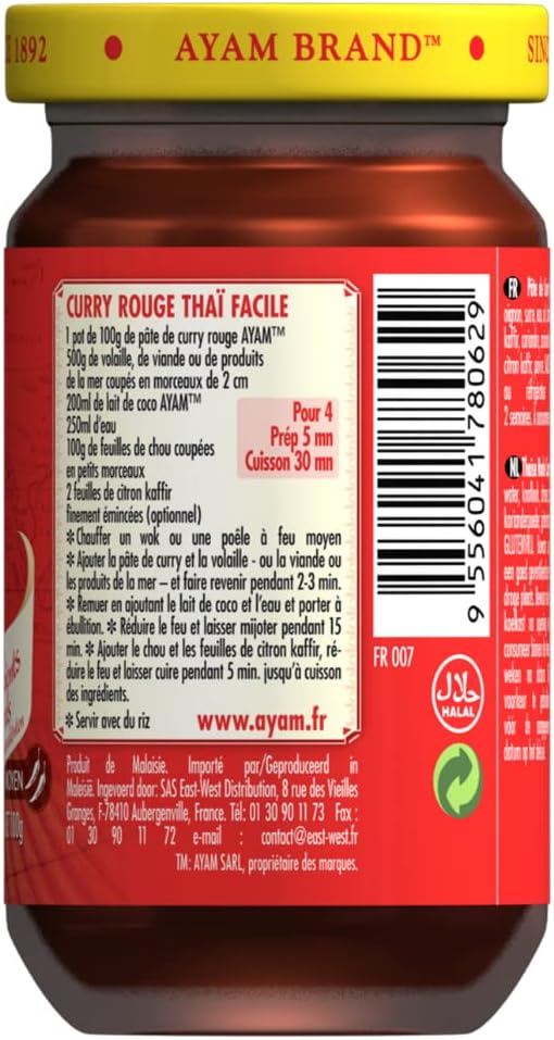 AYAM Pâte de Curry Rouge | 100% Ingrédients Naturels | Saveurs Authentiques | Facile à cuisiner | Thaï | Alimentation Saine | Sans Gluten, Lactose et Conservateurs - 100g