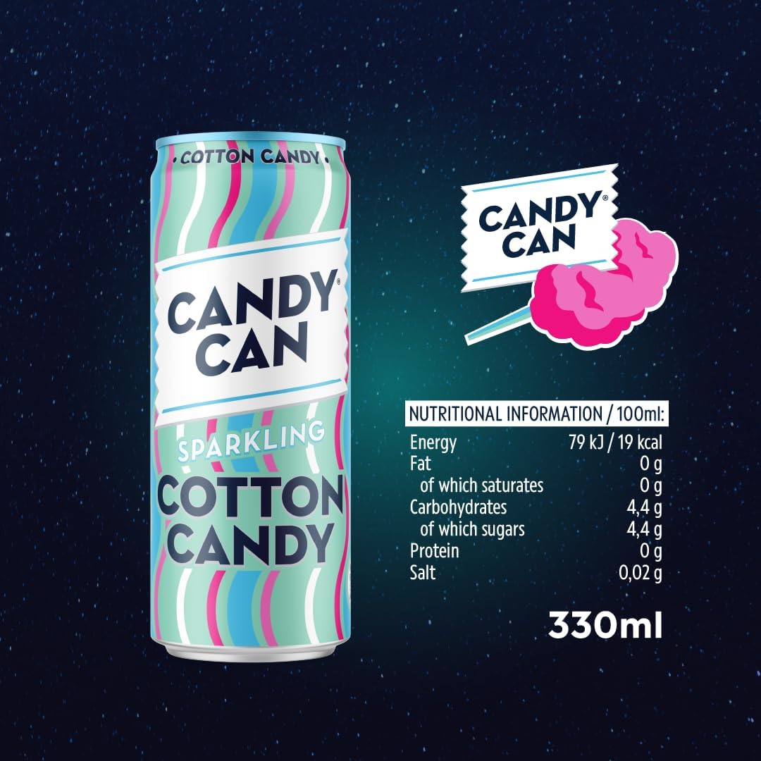 Candy Can, Cotton Candy, boisson pétillante, saveur nostalgique de soda américain, sans sucre, 1 boîte de 330 ml