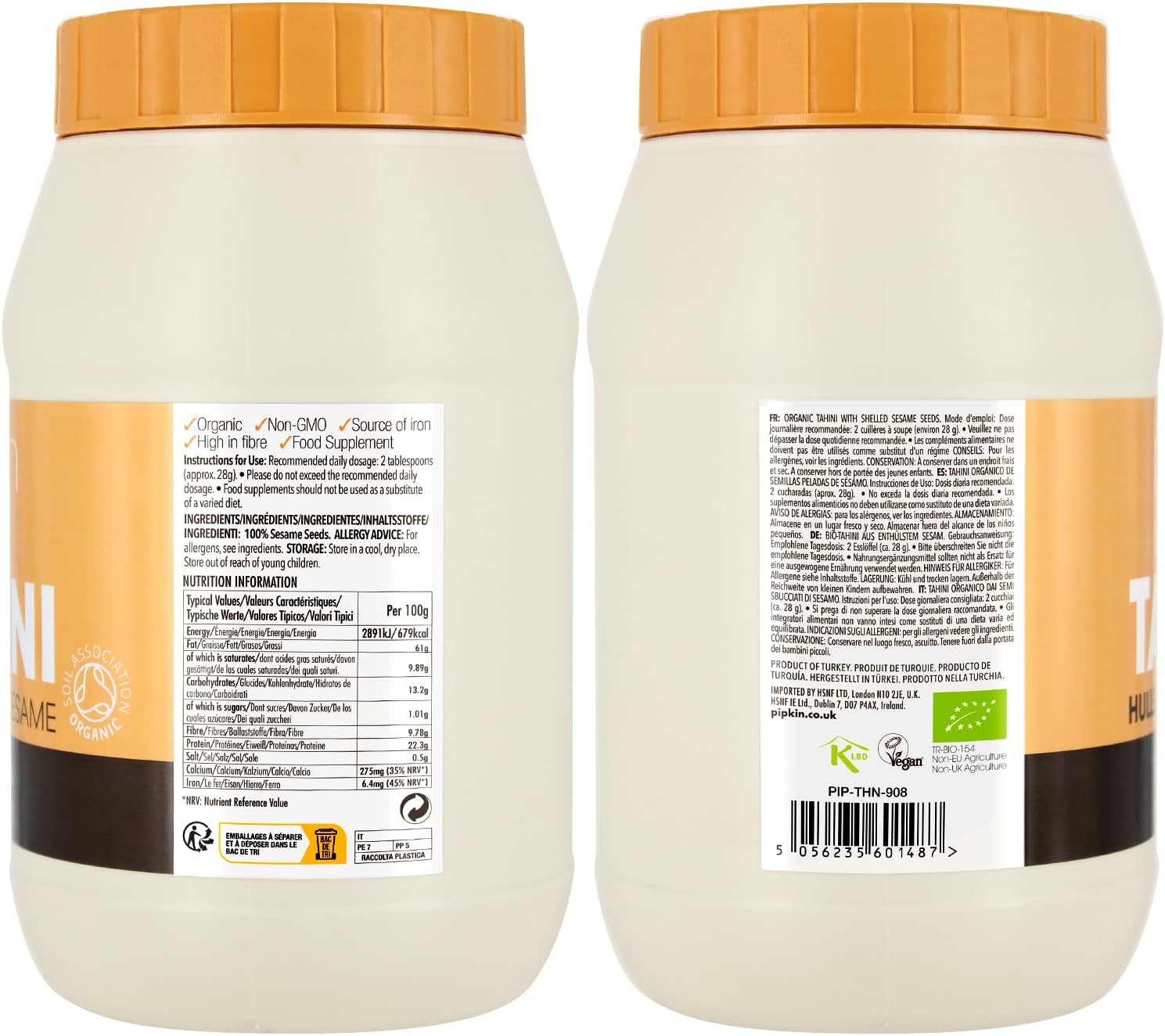 Tahini 100% biologique Pipkin 908g - Graines de sésame éthiopien grillées et pressées - Entièrement naturel, kascher, végétarien, et sans OGM