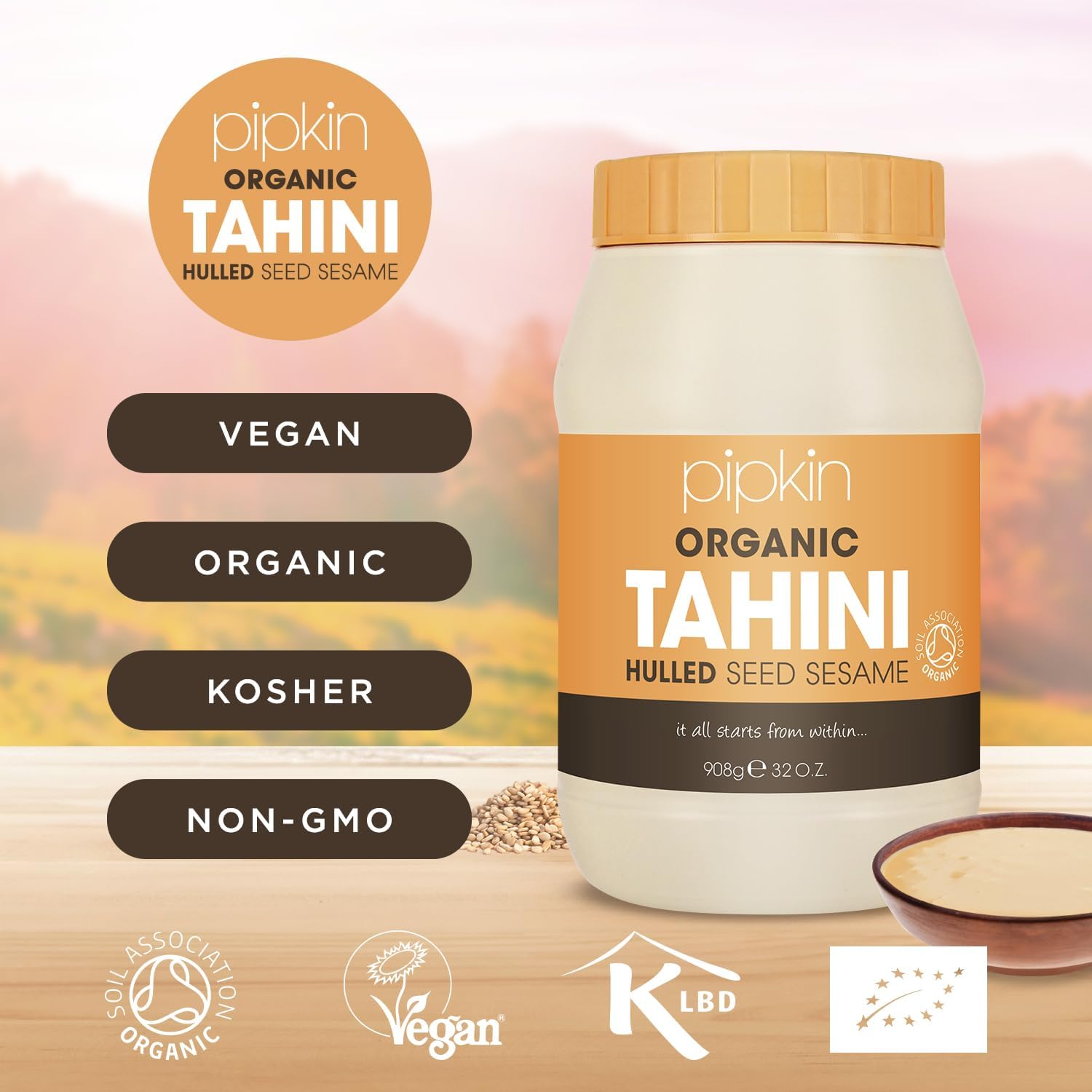 Tahini 100% biologique Pipkin 908g - Graines de sésame éthiopien grillées et pressées - Entièrement naturel, kascher, végétarien, et sans OGM