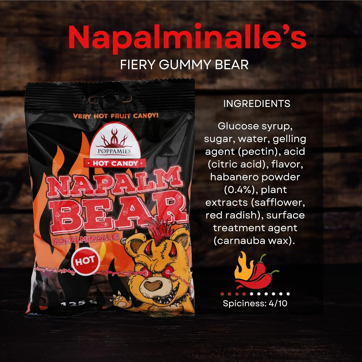 Bonbons Gommeux Épicés Poppamies NapalmiNalle Chili et Fruits - Sans Gluten Sans Lactose Végan - Pas pour les enfants ni pour les farces d'Halloween - Piquant : 4/10 - Taille : 125g