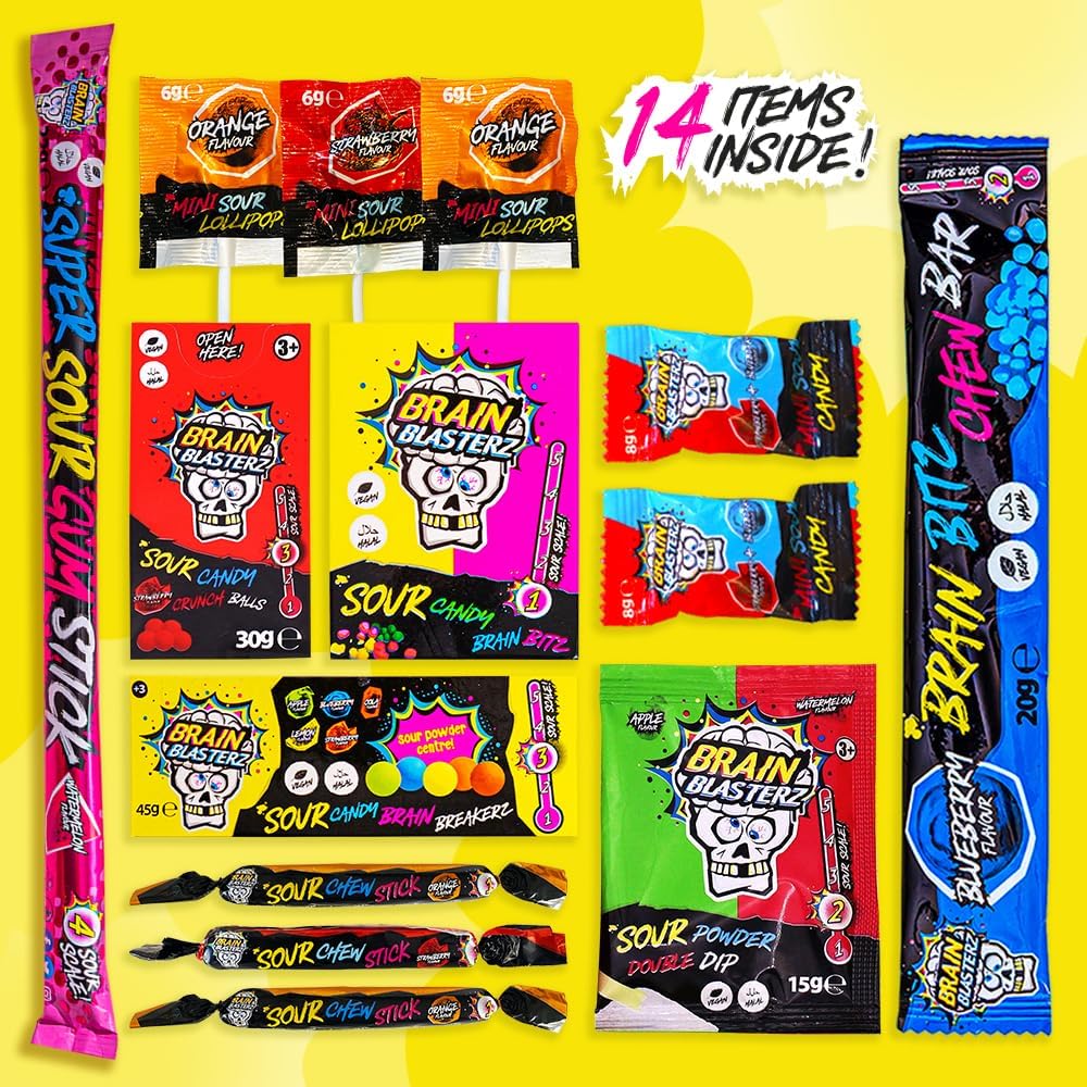 Brain Blasterz Boîte à friandises Super Sour Sweet – Hard Candy, Brain Breakerz, Candy Spray, Sour Powder Dipper et plus encore | Fraise, pastèque, baies et plus encore