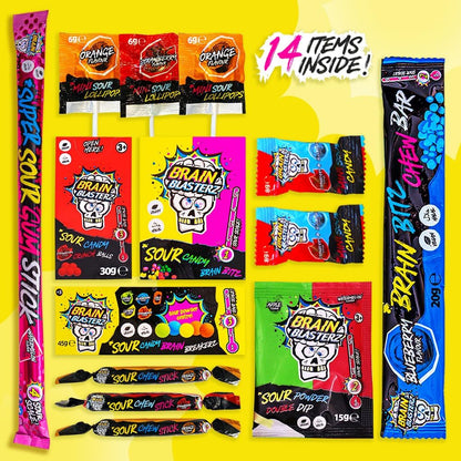 Brain Blasterz Boîte à friandises Super Sour Sweet – Hard Candy, Brain Breakerz, Candy Spray, Sour Powder Dipper et plus encore | Fraise, pastèque, baies et plus encore