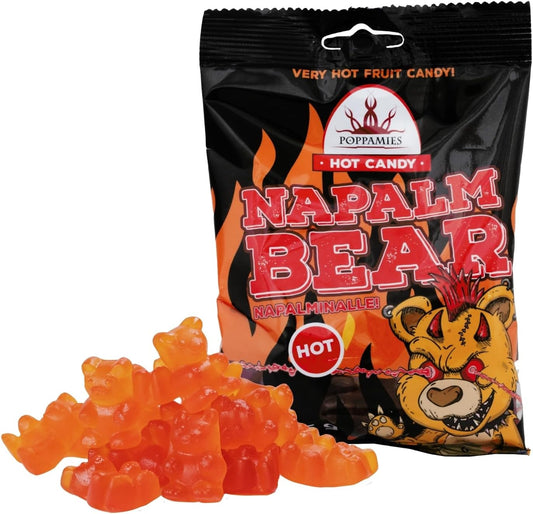 Bonbons Gommeux Épicés Poppamies NapalmiNalle Chili et Fruits - Sans Gluten Sans Lactose Végan - Pas pour les enfants ni pour les farces d'Halloween - Piquant : 4/10 - Taille : 125g