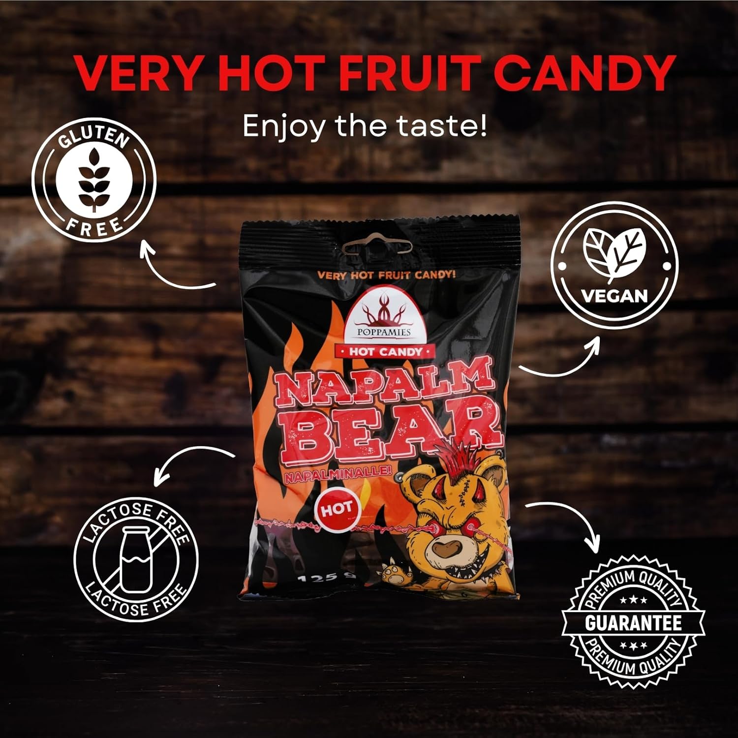 Bonbons Gommeux Épicés Poppamies NapalmiNalle Chili et Fruits - Sans Gluten Sans Lactose Végan - Pas pour les enfants ni pour les farces d'Halloween - Piquant : 4/10 - Taille : 125g