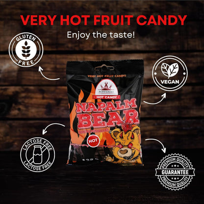 Bonbons Gommeux Épicés Poppamies NapalmiNalle Chili et Fruits - Sans Gluten Sans Lactose Végan - Pas pour les enfants ni pour les farces d'Halloween - Piquant : 4/10 - Taille : 125g