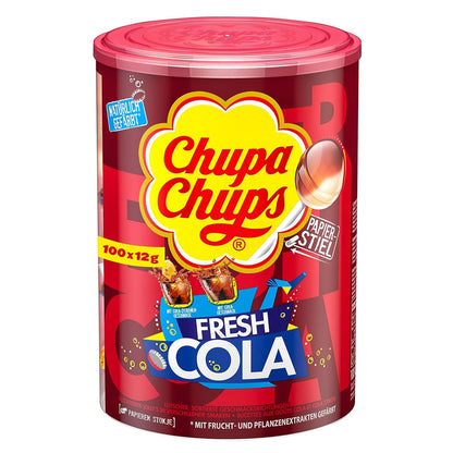 Chupa Chups - Tubo de 100 Sucettes - Parfums Choco/Vanille, Lait/Fraise, Caramel - 0 Pour cent de Matières Grasses - Idéal pour Fêtes d'Anniversaires - Boite Milky de 1,2 Kg
