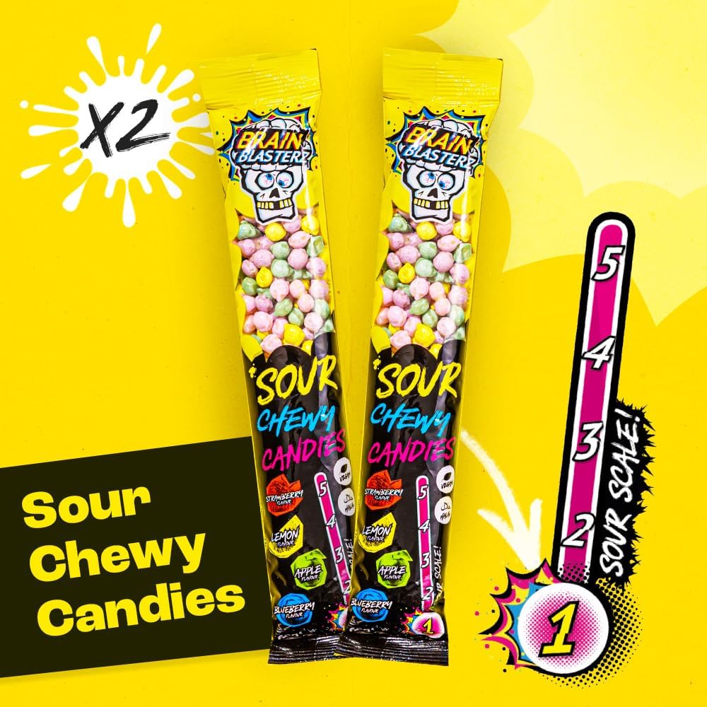 Brain Blasterz bonbons acidulés en gros – Bonbons à offrir – 27 pièces avec sucettes, bonbons à mâcher & bonbons qui piquent – Halal & Vegan – Pour Halloween, cadeau d’anniversaire & plus encore