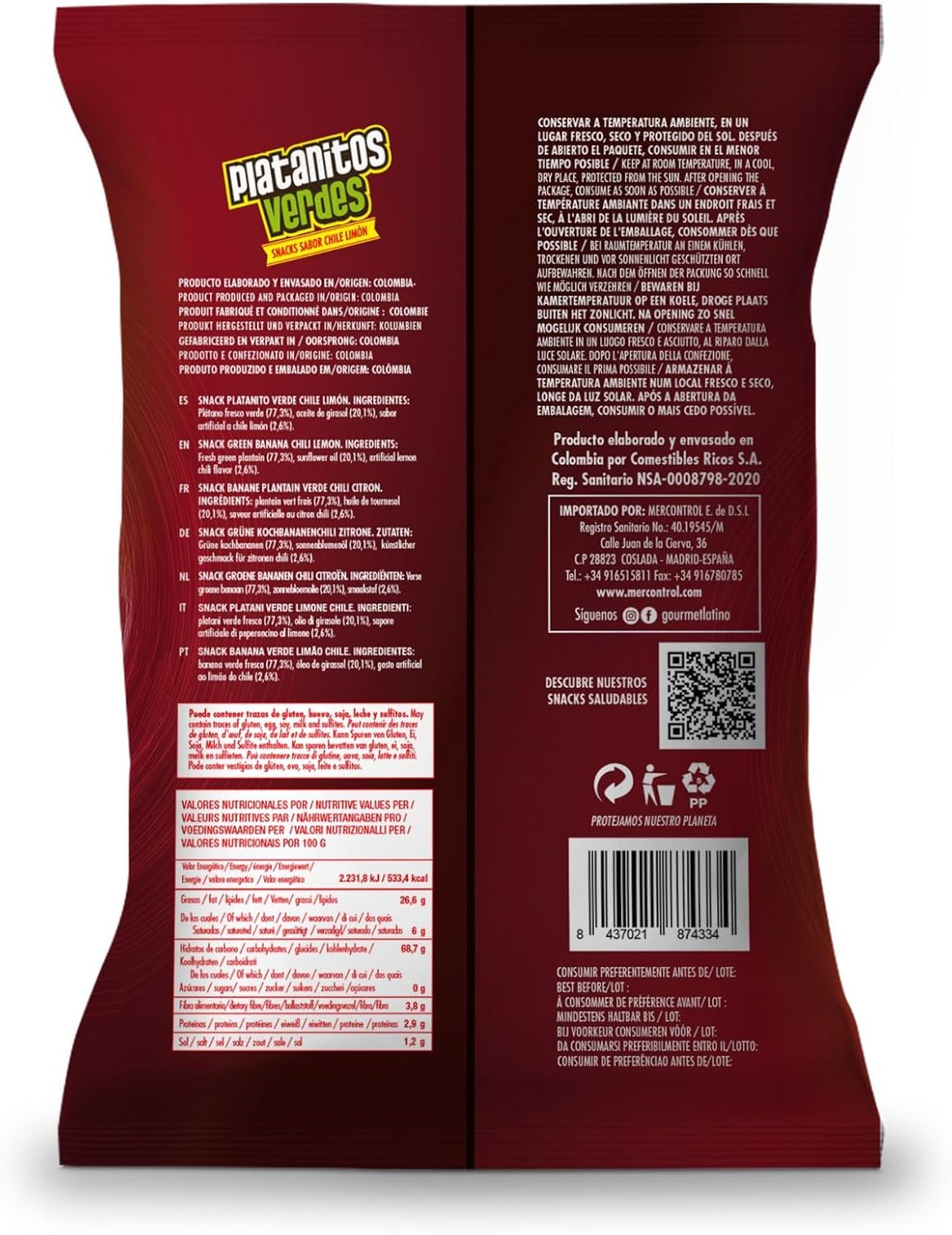 Bananes vertes - 65 g - Saveur épicée de citron vert du Chili - Sans huile de palme -Parfait pour grignoter - Fabriqué à partir de bananes plantain et d’huile de tournesol - Cuisine latino-américaine