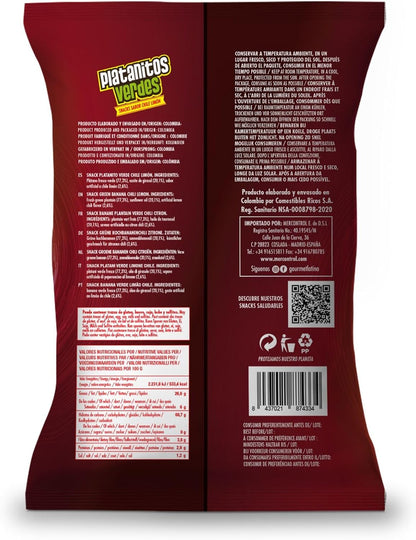 Bananes vertes - 65 g - Saveur épicée de citron vert du Chili - Sans huile de palme -Parfait pour grignoter - Fabriqué à partir de bananes plantain et d’huile de tournesol - Cuisine latino-américaine