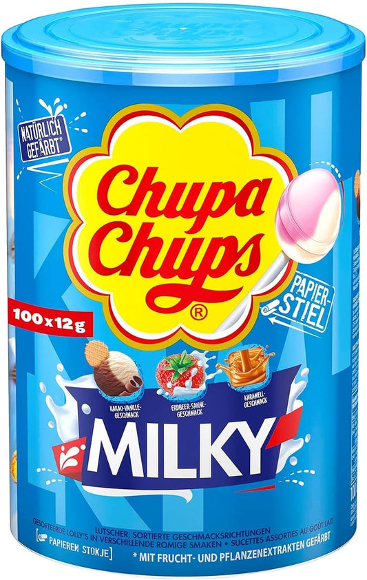 Chupa Chups - Tubo de 100 Sucettes - Parfums Choco/Vanille, Lait/Fraise, Caramel - 0 Pour cent de Matières Grasses - Idéal pour Fêtes d'Anniversaires - Boite Milky de 1,2 Kg