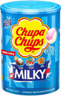Chupa Chups - Tubo de 100 Sucettes - Parfums Choco/Vanille, Lait/Fraise, Caramel - 0 Pour cent de Matières Grasses - Idéal pour Fêtes d'Anniversaires - Boite Milky de 1,2 Kg