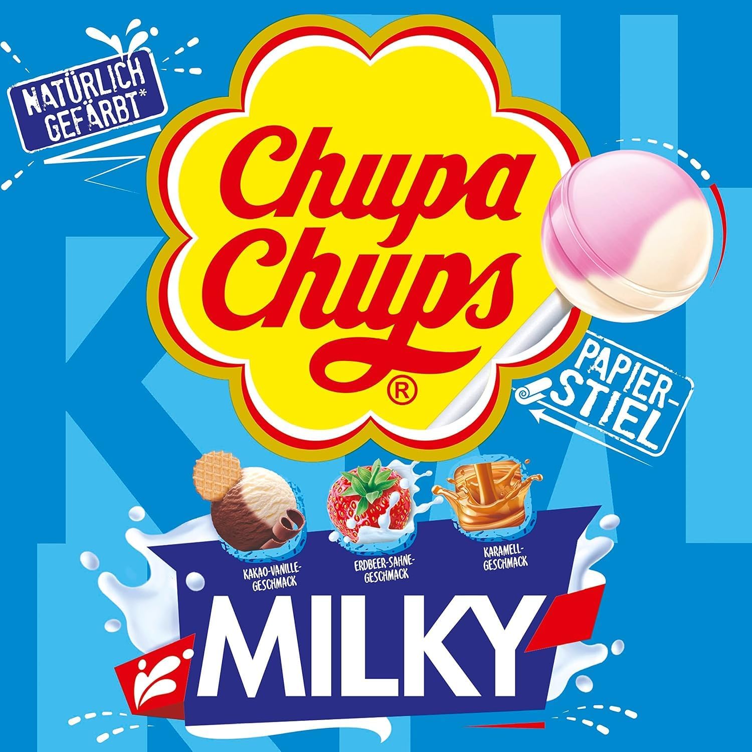 Chupa Chups - Tubo de 100 Sucettes - Parfums Choco/Vanille, Lait/Fraise, Caramel - 0 Pour cent de Matières Grasses - Idéal pour Fêtes d'Anniversaires - Boite Milky de 1,2 Kg