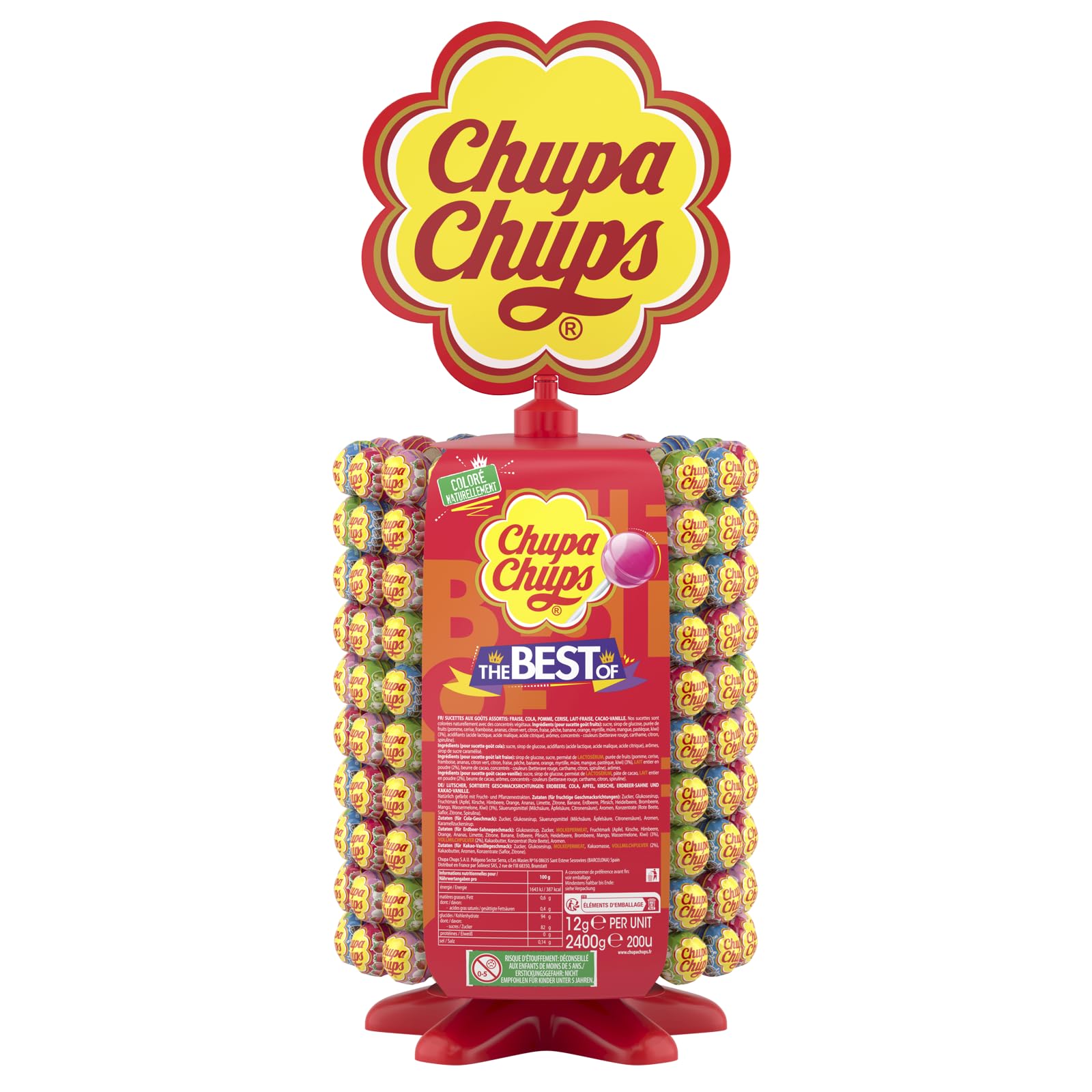 Chupa Chups - Tubo de 100 Sucettes - Parfums Choco/Vanille, Lait/Fraise, Caramel - 0 Pour cent de Matières Grasses - Idéal pour Fêtes d'Anniversaires - Boite Milky de 1,2 Kg