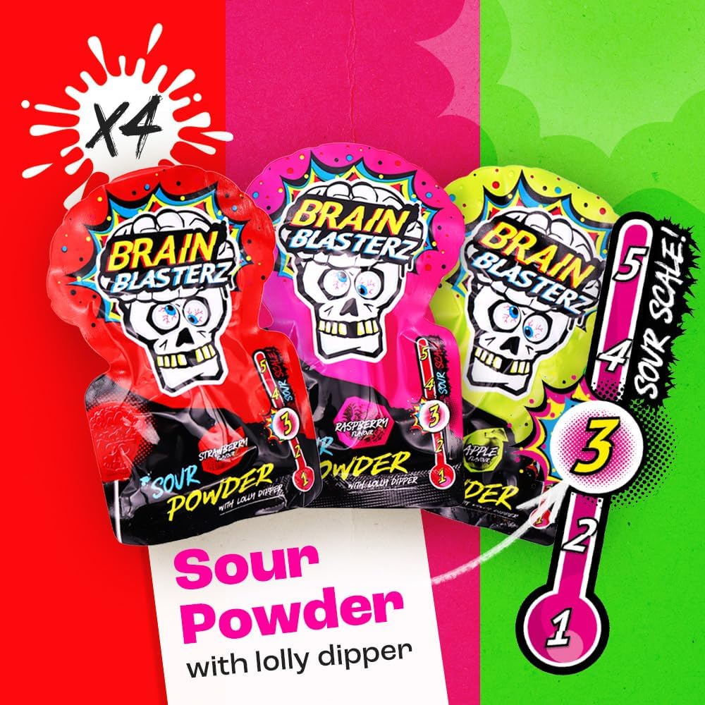 Brain Blasterz bonbons acidulés en gros – Bonbons à offrir – 27 pièces avec sucettes, bonbons à mâcher & bonbons qui piquent – Halal & Vegan – Pour Halloween, cadeau d’anniversaire & plus encore