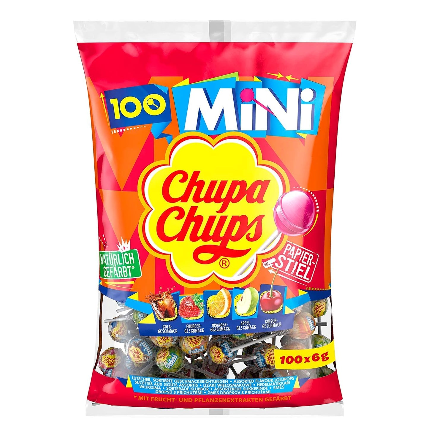 Chupa Chups - Tubo de 100 Sucettes - Parfums Choco/Vanille, Lait/Fraise, Caramel - 0 Pour cent de Matières Grasses - Idéal pour Fêtes d'Anniversaires - Boite Milky de 1,2 Kg