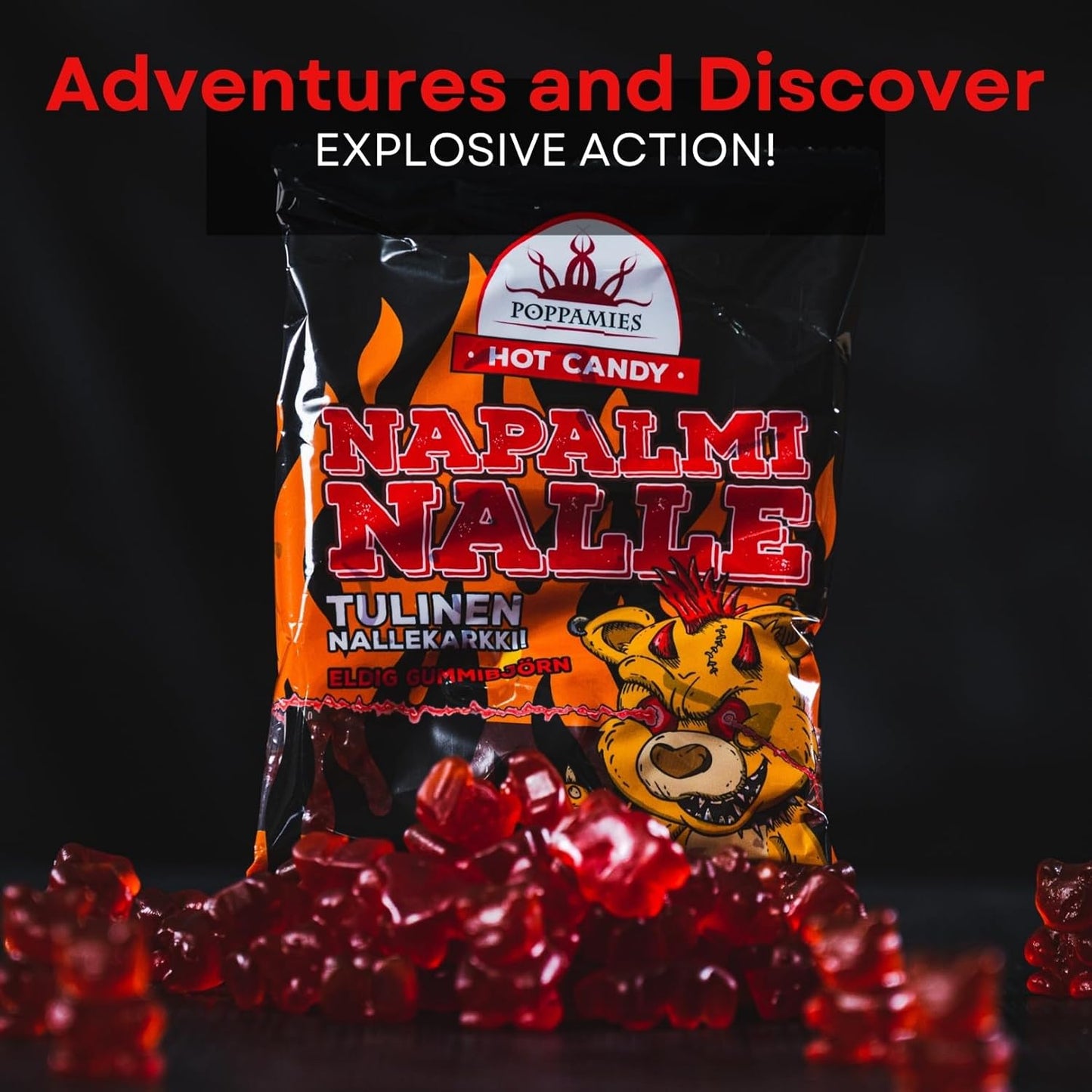 Bonbons Gommeux Épicés Poppamies NapalmiNalle Chili et Fruits - Sans Gluten Sans Lactose Végan - Pas pour les enfants ni pour les farces d'Halloween - Piquant : 4/10 - Taille : 125g