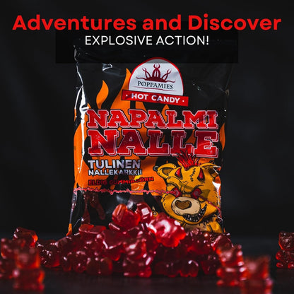 Bonbons Gommeux Épicés Poppamies NapalmiNalle Chili et Fruits - Sans Gluten Sans Lactose Végan - Pas pour les enfants ni pour les farces d'Halloween - Piquant : 4/10 - Taille : 125g