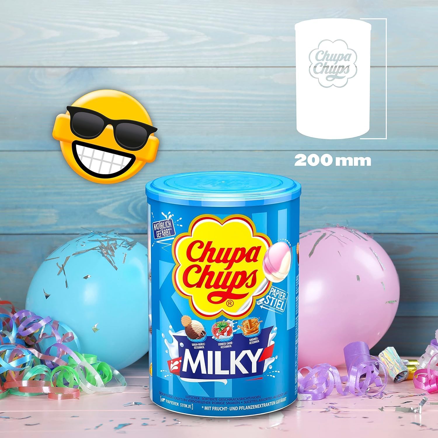 Chupa Chups - Tubo de 100 Sucettes - Parfums Choco/Vanille, Lait/Fraise, Caramel - 0 Pour cent de Matières Grasses - Idéal pour Fêtes d'Anniversaires - Boite Milky de 1,2 Kg