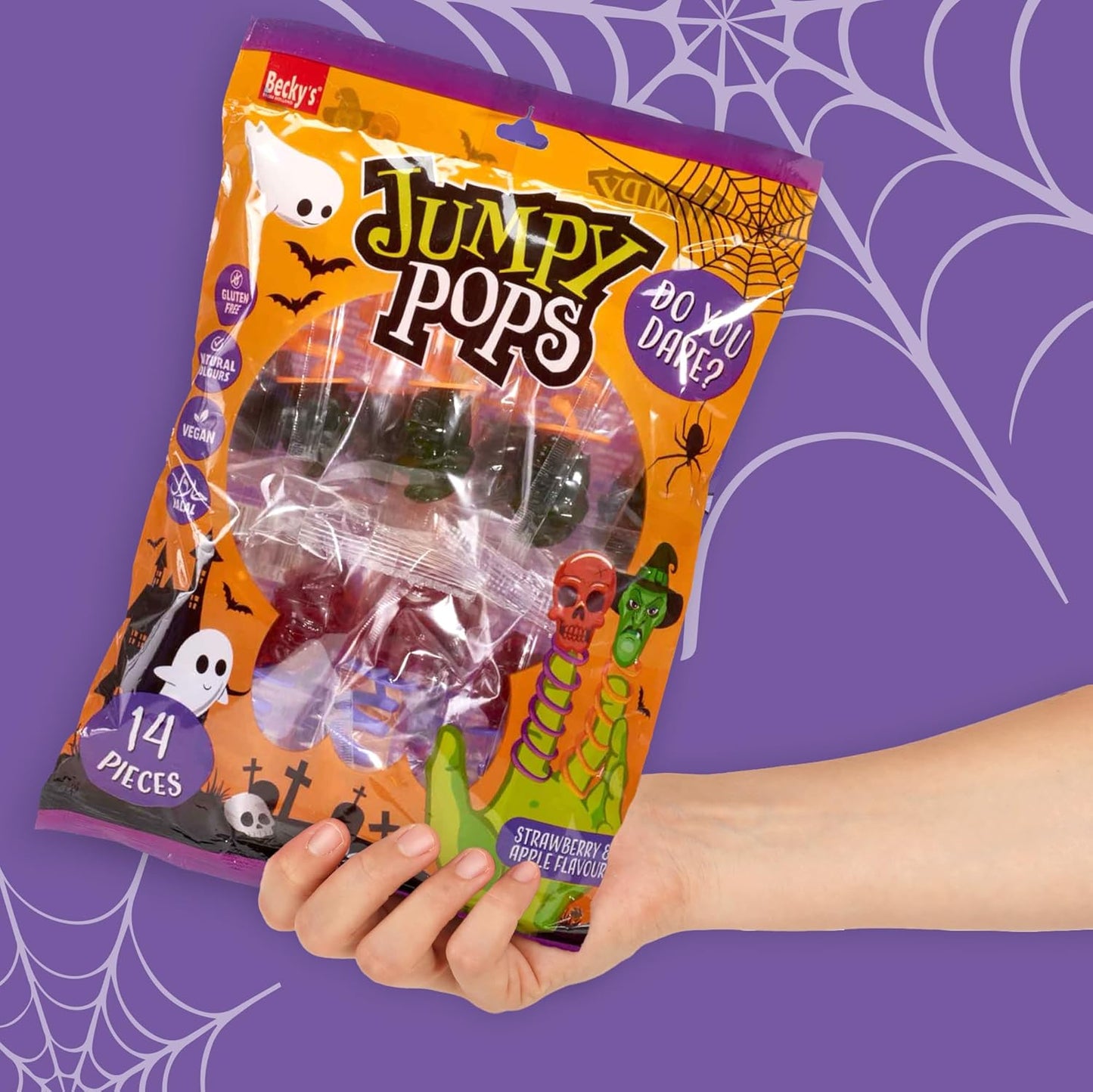 Jumpy Pops Halloween Lollies 140g – Sucettes sucrées en forme de tête de mort & sorcière avec ressort à enrouler autour des doigts – Cadeaux de fête, Trick or Treat, anniversaire & bonbons déco
