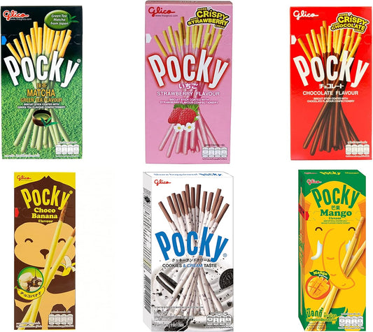 Pocky HAPPY PACK (6 packs) - Chocolat, Biscuit & Crème, Fraise, Mangue, Banane, Thé Vert Matcha