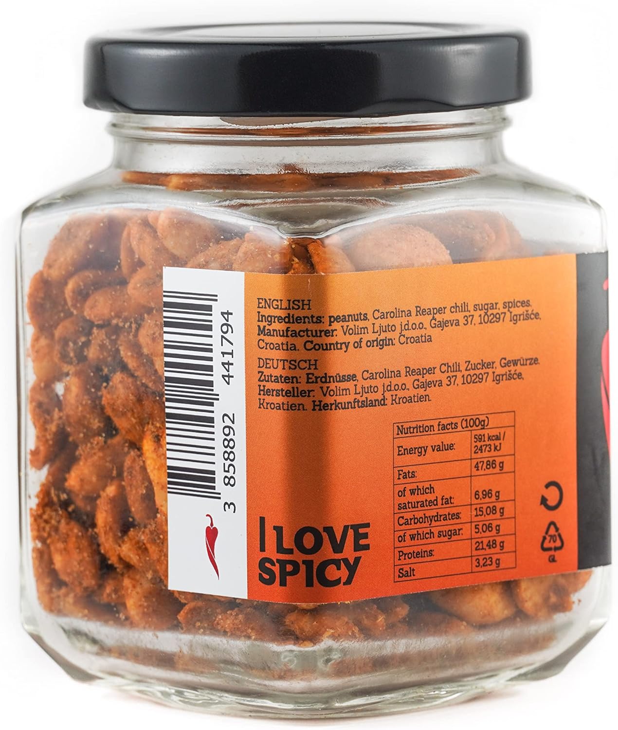 I LOVE SPICY Hellfire Peanuts Insane 100g Carolina Reaper Cacahuètes Super Épicées Snacks Salés; Piquant 5/5