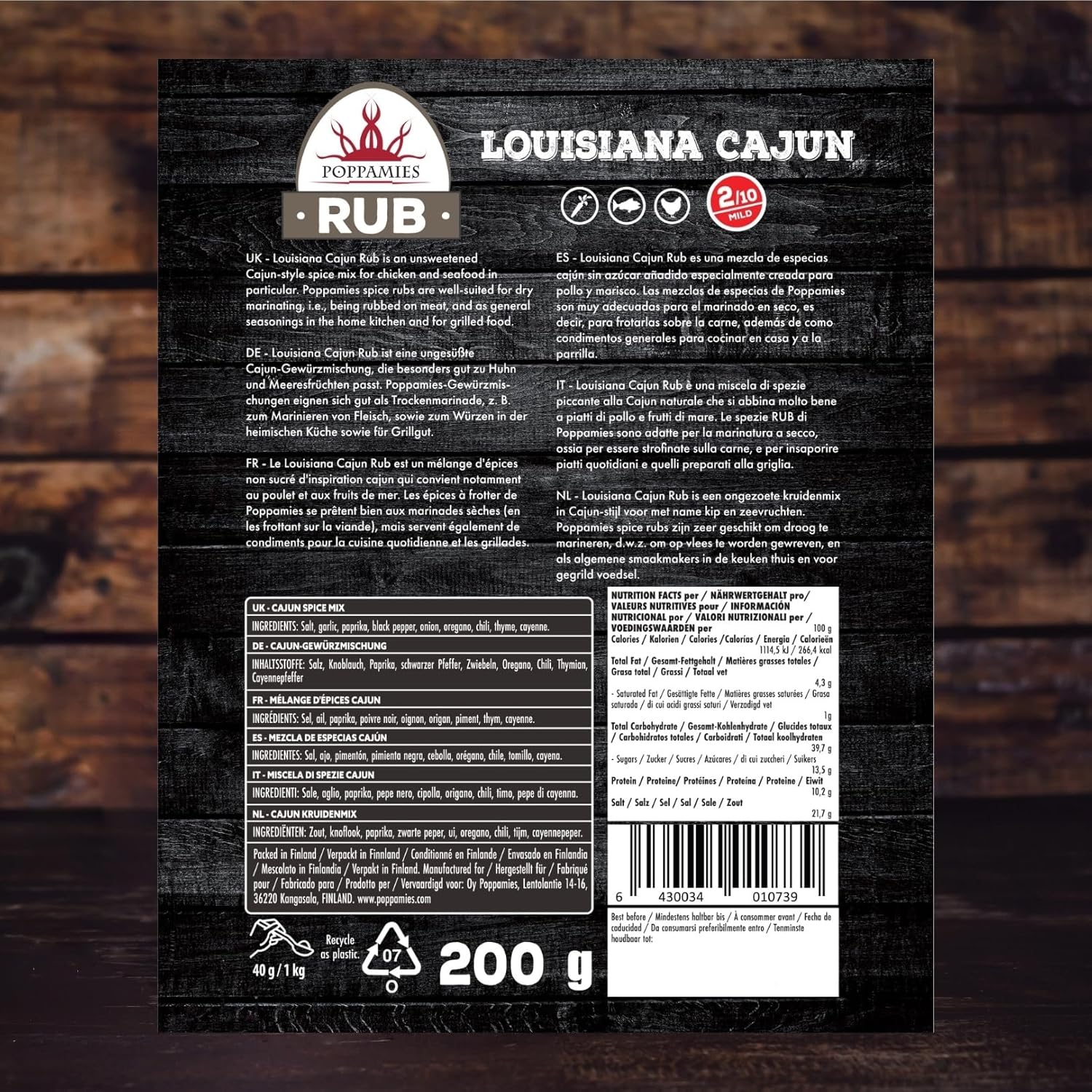 Poppamies Louisiana Cajun BBQ Rub - Assaisonnement BBQ 100% Naturel - Marinade Sèche & Épices. Particulièrement adapté pour le poulet et les fruits de mer - Idéal au Grill au Four -Grand Format (200g)