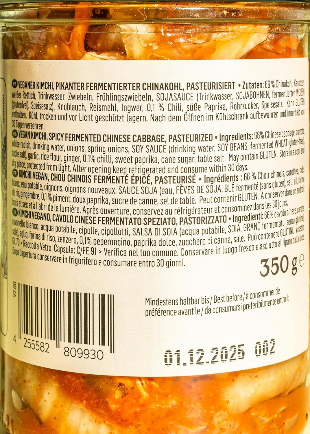 KoRo - Kimchi vegan 350 g - À base de chou chinois fermenté - Avec piment, ail et gingembre - Vegan