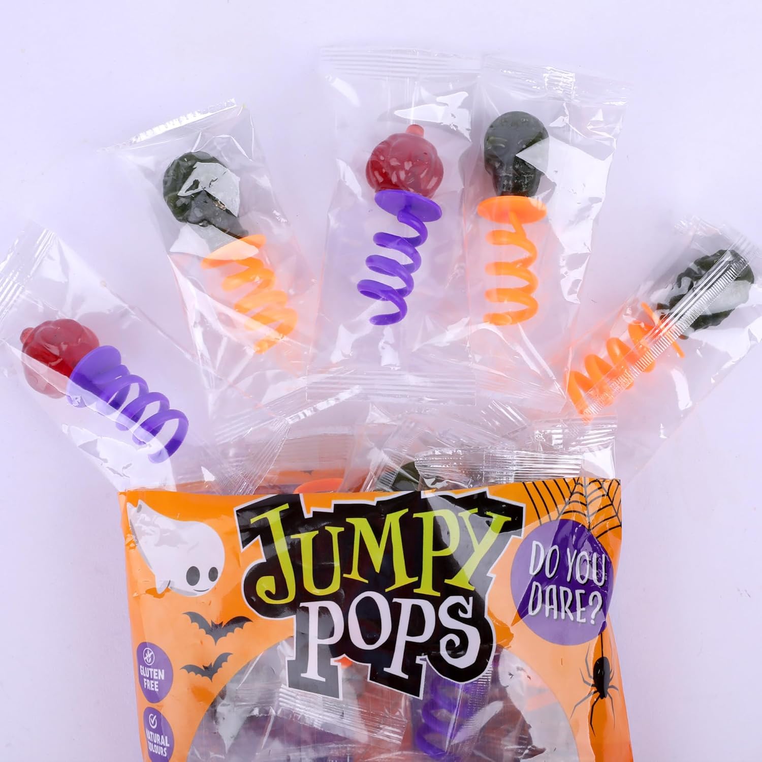 Jumpy Pops Halloween Lollies 140g – Sucettes sucrées en forme de tête de mort & sorcière avec ressort à enrouler autour des doigts – Cadeaux de fête, Trick or Treat, anniversaire & bonbons déco