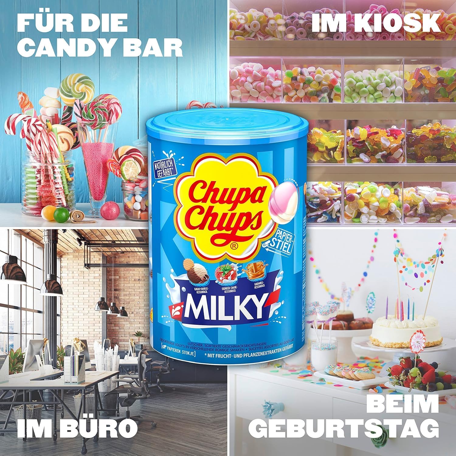 Chupa Chups - Tubo de 100 Sucettes - Parfums Choco/Vanille, Lait/Fraise, Caramel - 0 Pour cent de Matières Grasses - Idéal pour Fêtes d'Anniversaires - Boite Milky de 1,2 Kg