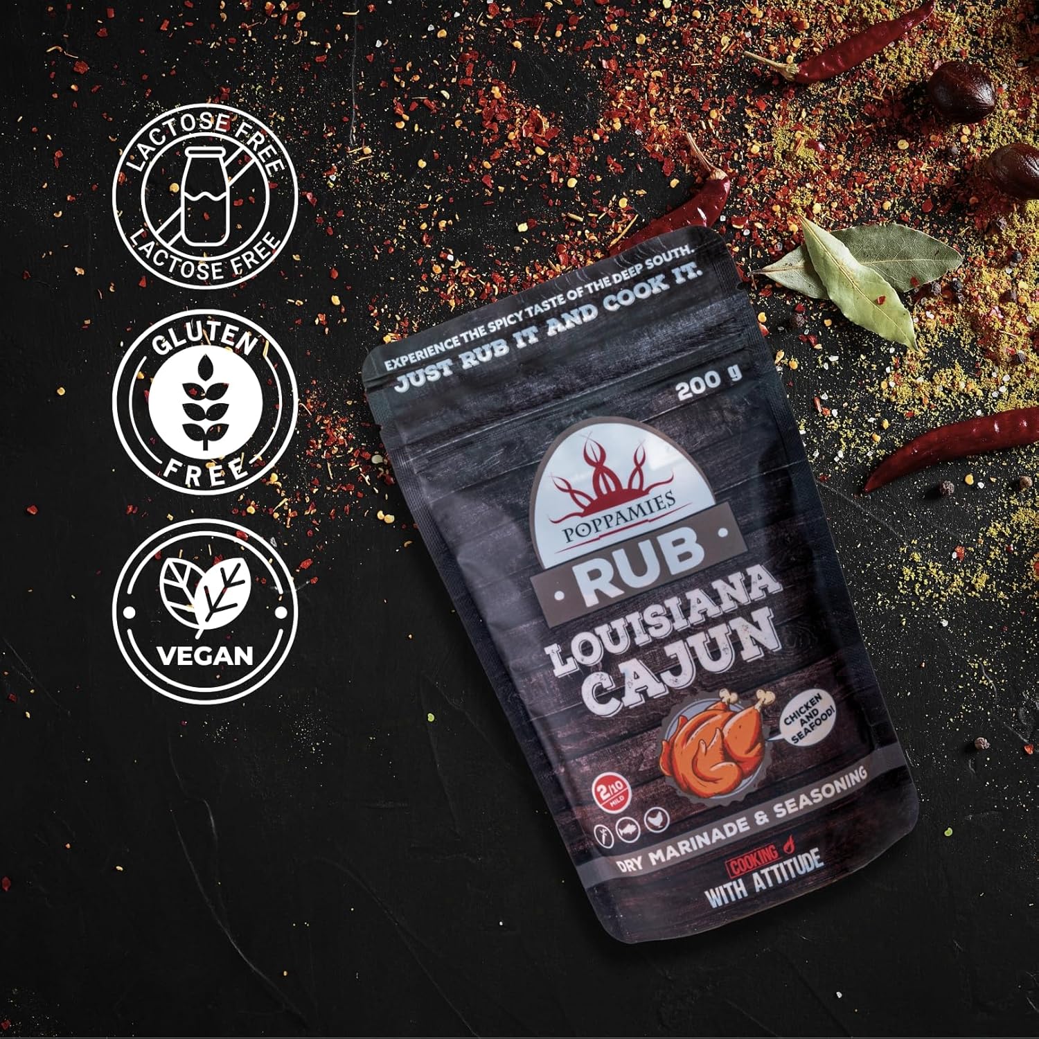 Poppamies Louisiana Cajun BBQ Rub - Assaisonnement BBQ 100% Naturel - Marinade Sèche & Épices. Particulièrement adapté pour le poulet et les fruits de mer - Idéal au Grill au Four -Grand Format (200g)