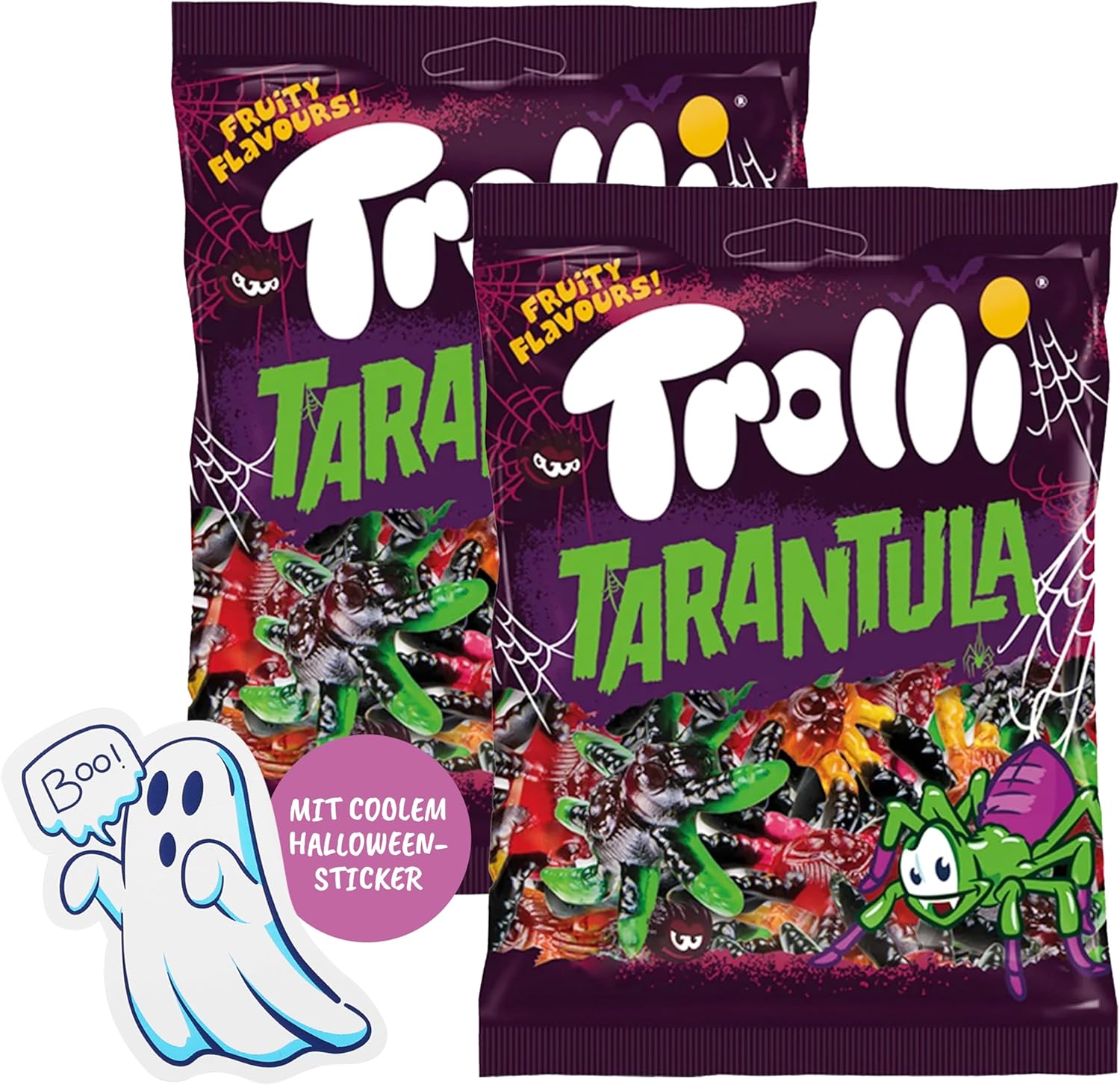 Trolli Tarantula Lot de 2 araignées en caoutchouc de 150 g chacune, avec autocollants fantômes, sans lactose et sans gluten, bonbons aux fruits Tarantula dans différentes saveurs, convient pour les
