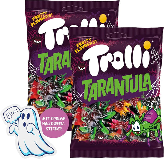 Trolli Tarantula Lot de 2 araignées en caoutchouc de 150 g chacune, avec autocollants fantômes, sans lactose et sans gluten, bonbons aux fruits Tarantula dans différentes saveurs, convient pour les