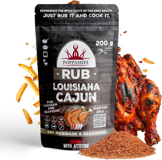 Poppamies Louisiana Cajun BBQ Rub - Assaisonnement BBQ 100% Naturel - Marinade Sèche & Épices. Particulièrement adapté pour le poulet et les fruits de mer - Idéal au Grill au Four -Grand Format (200g)