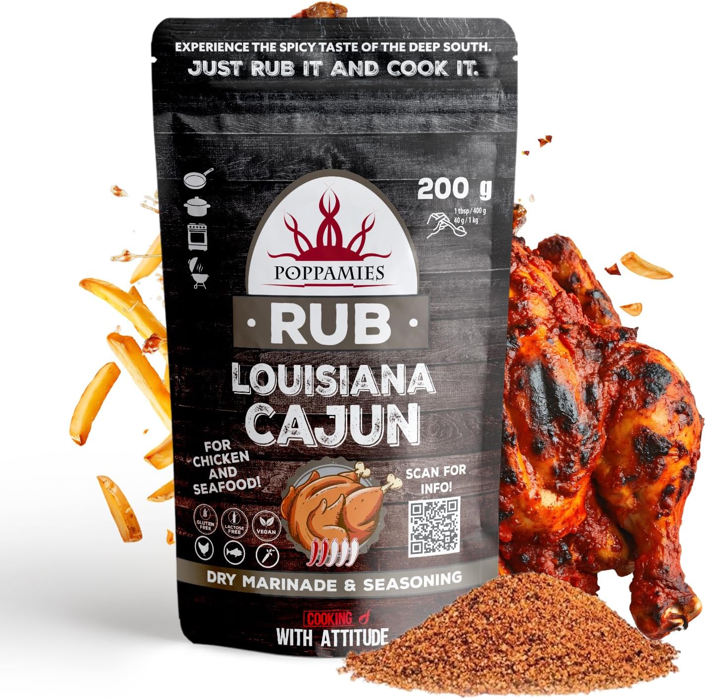 Poppamies Louisiana Cajun BBQ Rub - Assaisonnement BBQ 100% Naturel - Marinade Sèche & Épices. Particulièrement adapté pour le poulet et les fruits de mer - Idéal au Grill au Four -Grand Format (200g)