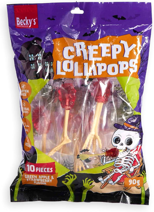 Becky’s Creepy Lollipops 90g – 10 sucettes d’Halloween avec bâton en forme d’os – Bonbons de fête sucrés pour enfants – Sucettes effrayantes, emballées individuellement, à partager, offrir & décorer